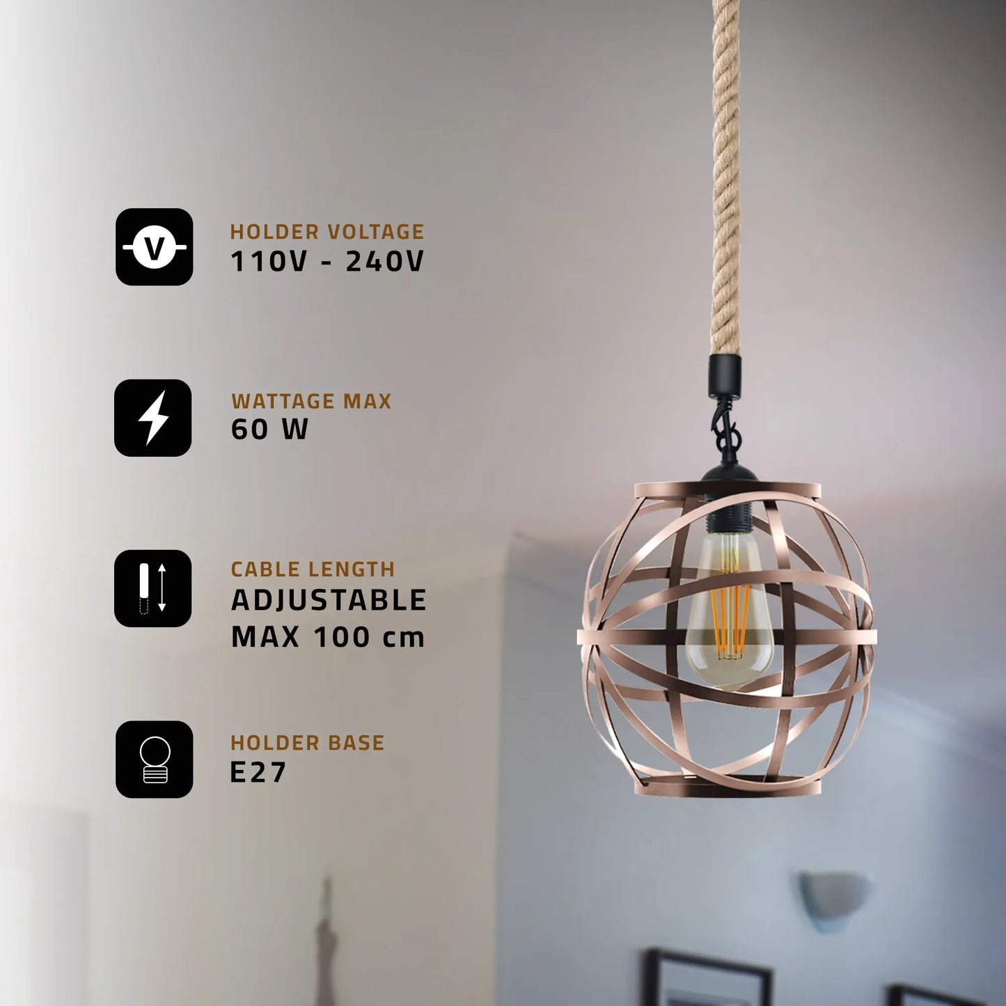 Single Ceiling Hemp Rope Hanging Pendant light with Bulb Guard wire cage light~5089