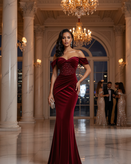 The Windsor Velvet Evening Gown – Ruby Red