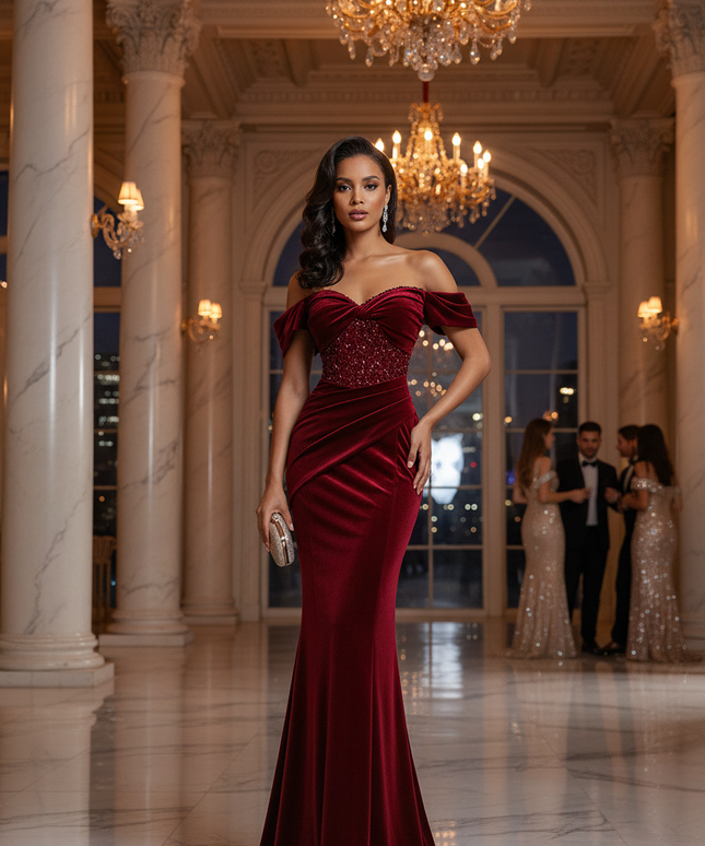 The Windsor Velvet Evening Gown – Ruby Red