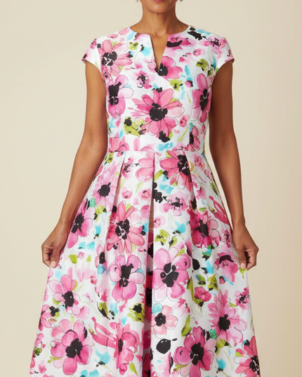 Floral Pink Cape Sleeve A-Line Dress