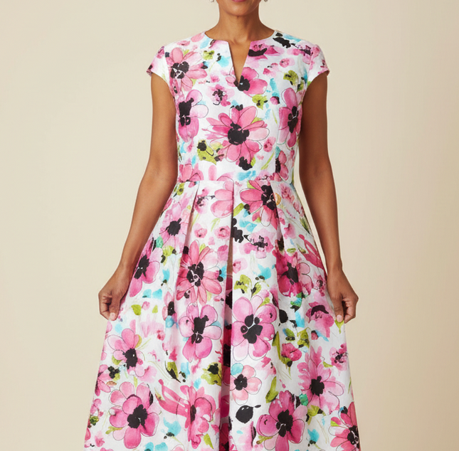 Floral Pink Cape Sleeve A-Line Dress