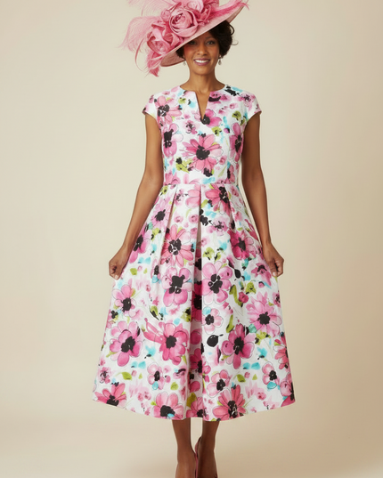 Floral Pink Cape Sleeve A-Line Dress