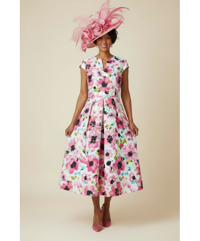 Floral Pink Cape Sleeve A-Line Dress
