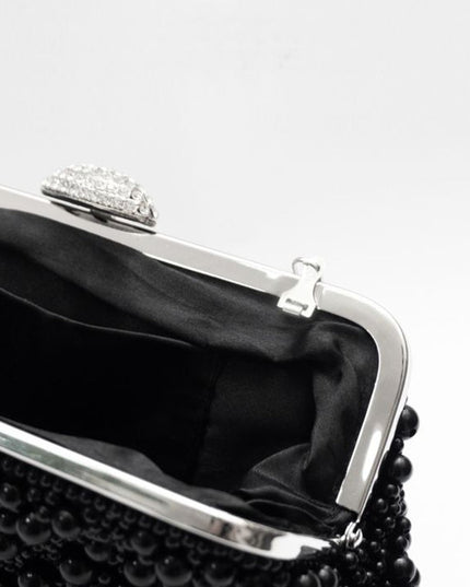 Black Pearl And Crystal Clutch Bag With Silver Details
