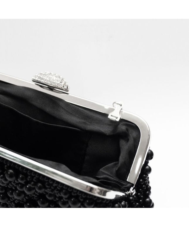 Black Pearl And Crystal Clutch Bag With Silver Details