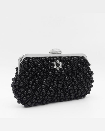 Black Pearl And Crystal Clutch Bag With Silver Details