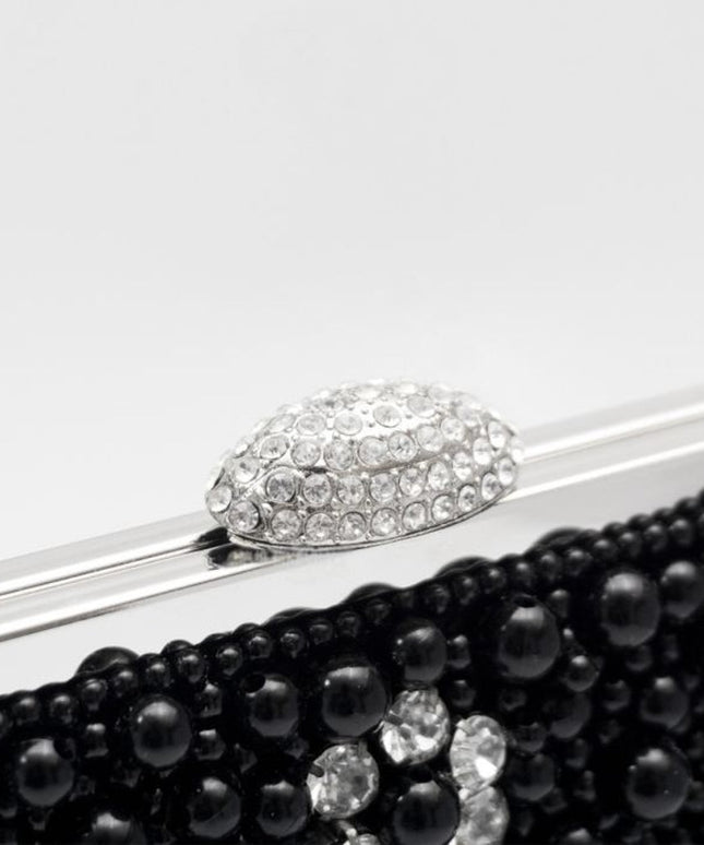 Black Pearl And Crystal Clutch Bag With Silver Details