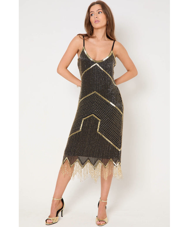 Black And Gold Embellished Midi Dress