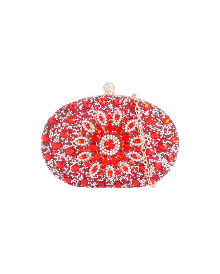 Red Embellished Clutch Bag with Gold Details