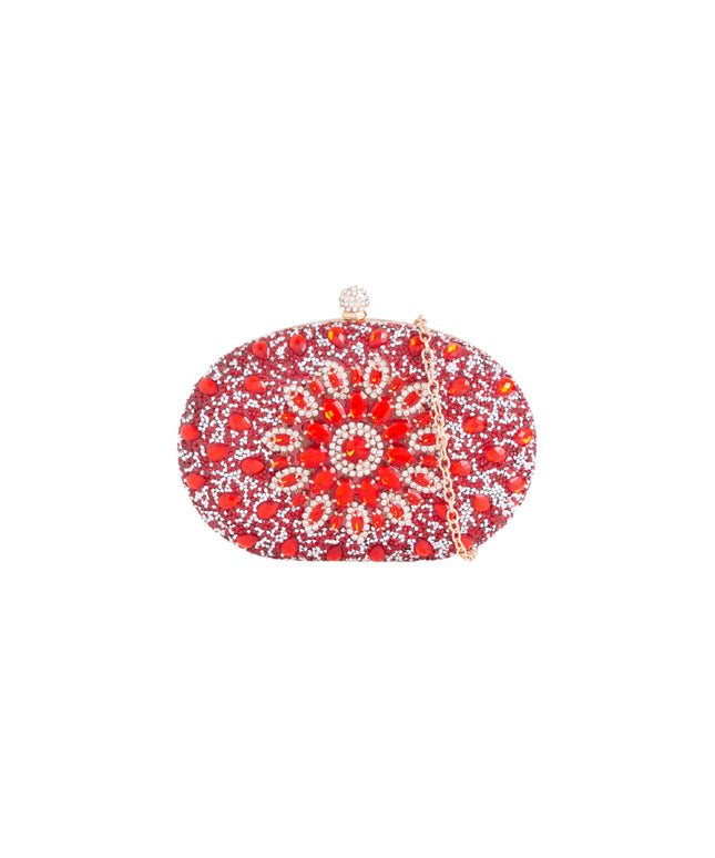 Red Embellished Clutch Bag with Gold Details