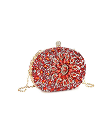 Red Embellished Clutch Bag with Gold Details