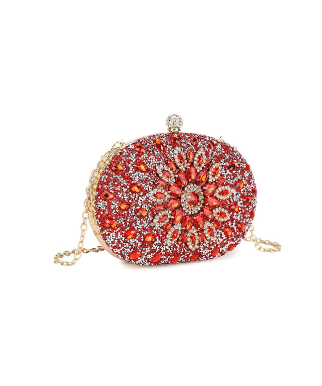 Red Embellished Clutch Bag with Gold Details