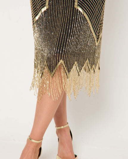 Black And Gold Embellished Midi Dress