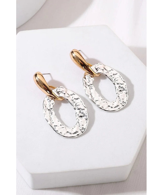 Gold and Silver Tone Hammered Oval Earrings
