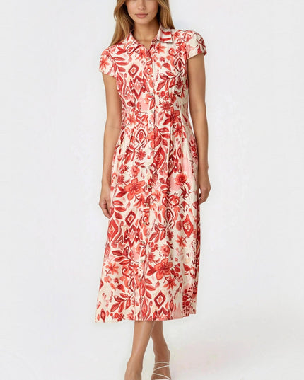 Orange Floral Shirt Midi Dress