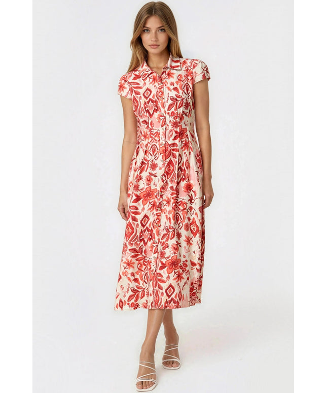 Orange Floral Shirt Midi Dress