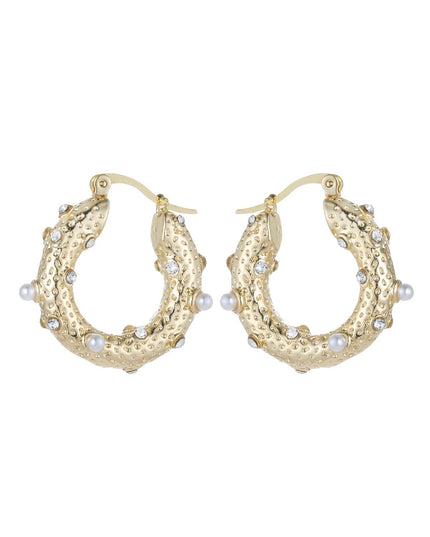 Gold Tone Small Pearl and Diamante Hoop Earrings