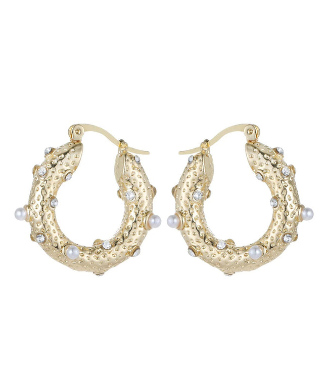 Gold Tone Small Pearl and Diamante Hoop Earrings