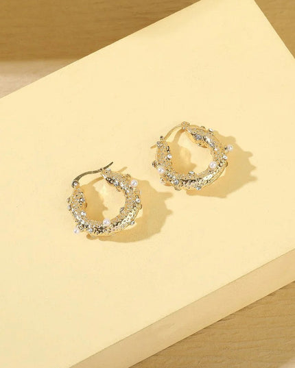 Gold Tone Small Pearl and Diamante Hoop Earrings