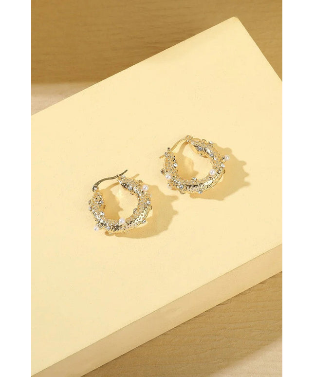 Gold Tone Small Pearl and Diamante Hoop Earrings