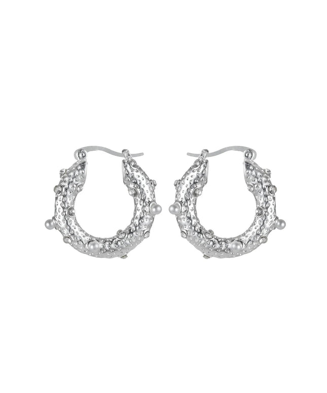 Silver Tone Small Pearl and Diamante Hoop Earrings