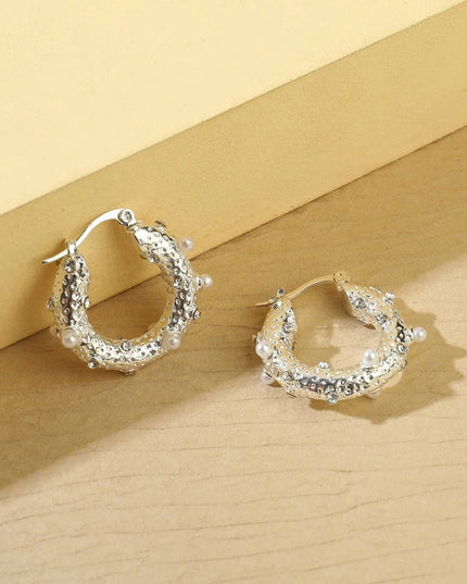 Silver Tone Small Pearl and Diamante Hoop Earrings