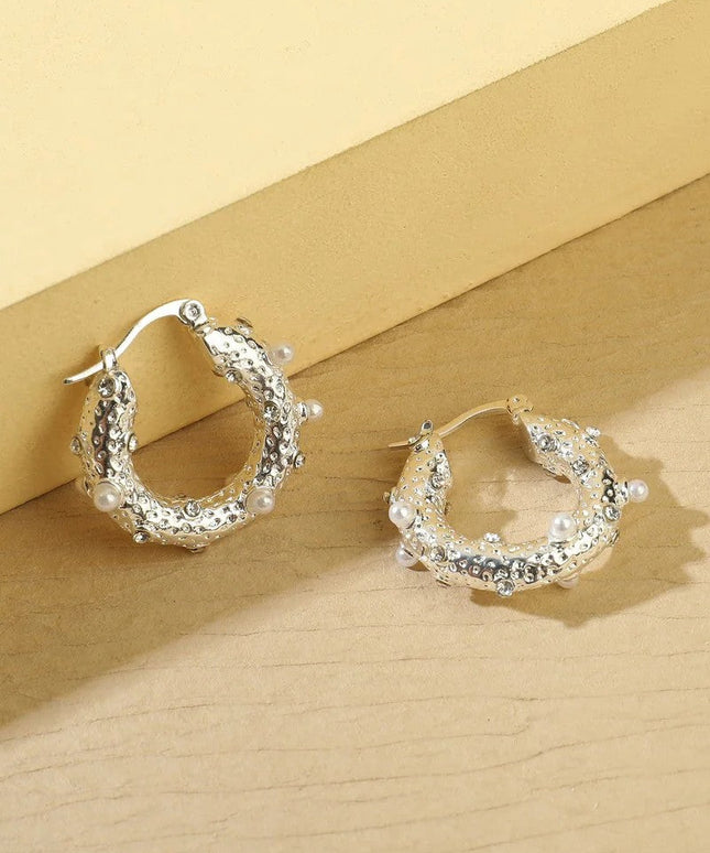 Silver Tone Small Pearl and Diamante Hoop Earrings