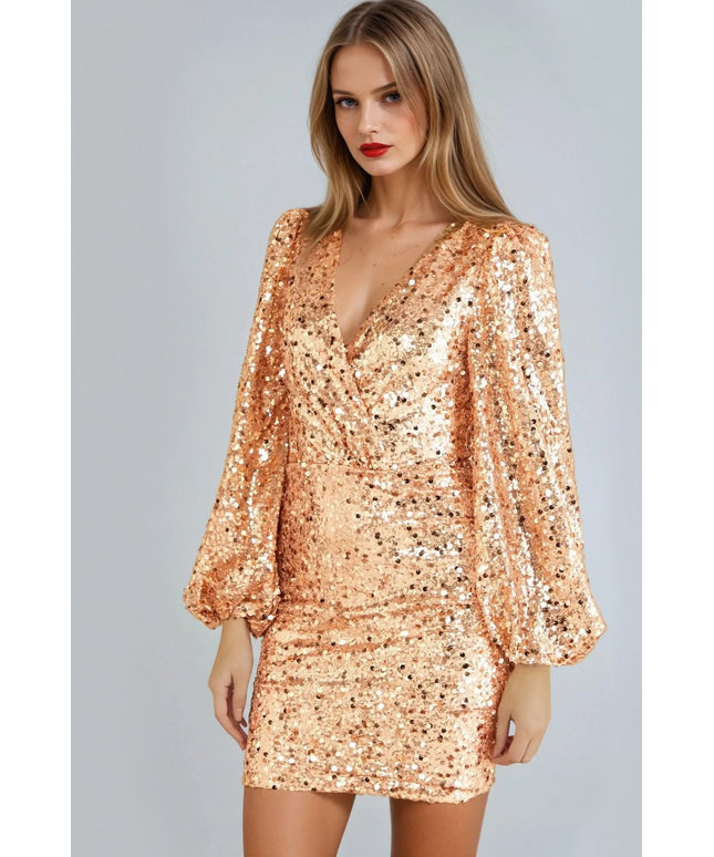 Rose Gold Sequin V-Neck Long Sleeve Bodycon Dress