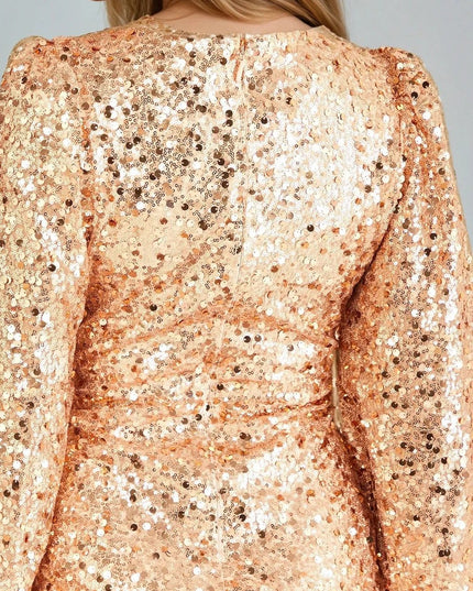 Rose Gold Sequin V-Neck Long Sleeve Bodycon Dress