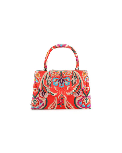 Red Floral Satin Small Top Handle Bag