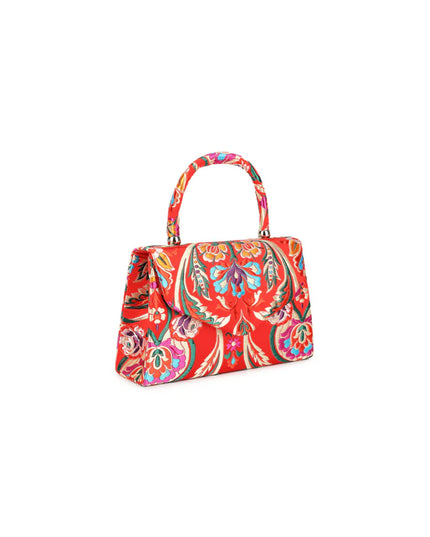 Red Floral Satin Small Top Handle Bag