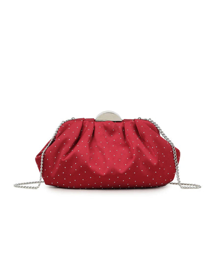 Cherry Red Embellished Satin Ruched Clutch Bag