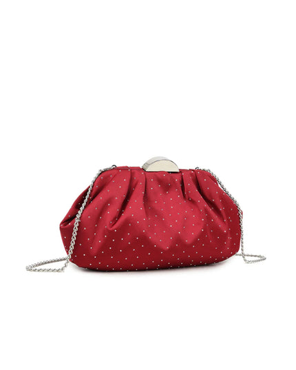 Cherry Red Embellished Satin Ruched Clutch Bag