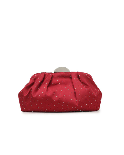 Cherry Red Embellished Satin Ruched Clutch Bag