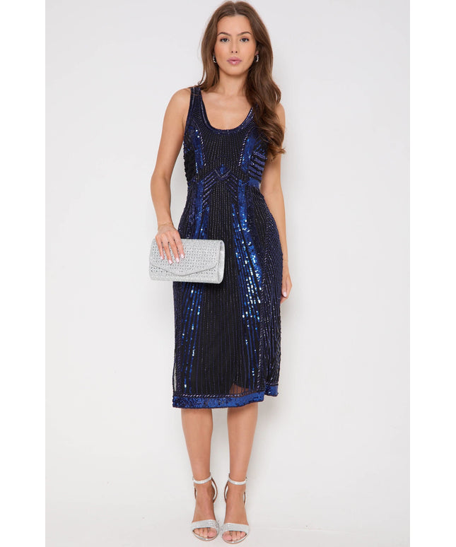Blue Sequin Sleeveless Midi Dress