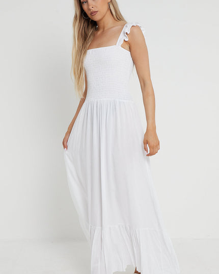 White Shirred Maxi Dress With Frill