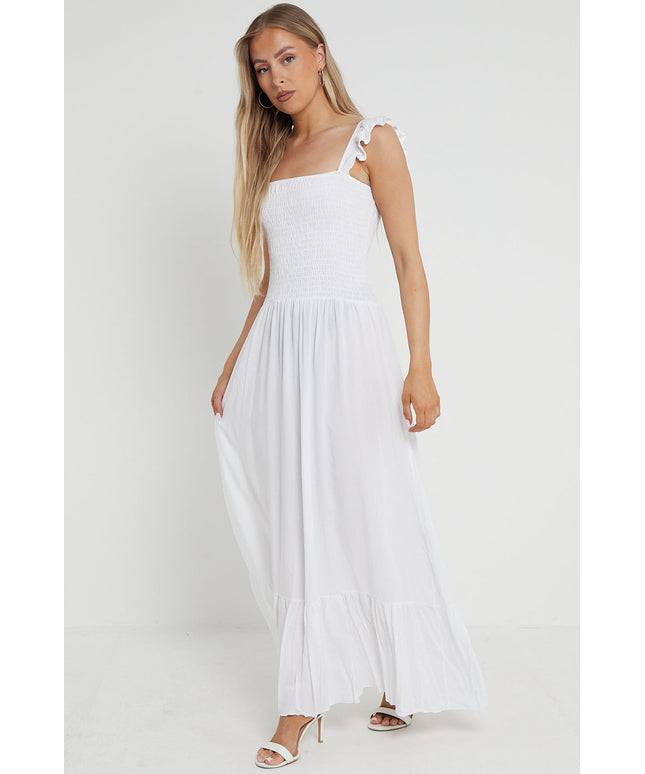 White Shirred Maxi Dress With Frill