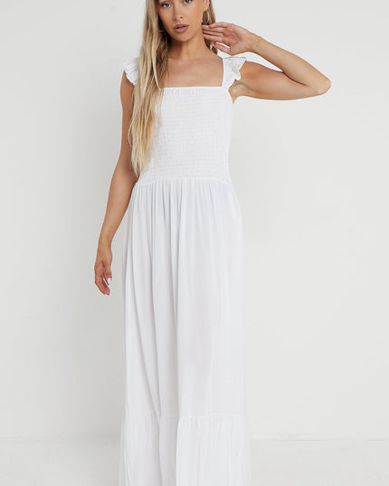 White Shirred Maxi Dress With Frill
