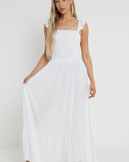White Shirred Maxi Dress With Frill