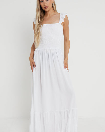 White Shirred Maxi Dress With Frill