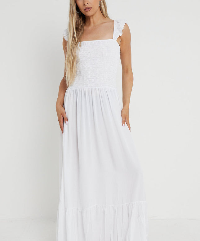 White Shirred Maxi Dress With Frill