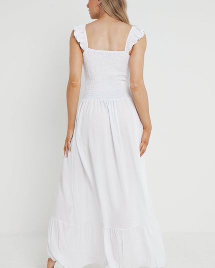 White Shirred Maxi Dress With Frill