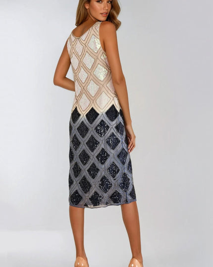 Navy Beige Sequin Diamond Pattern Midi Dress