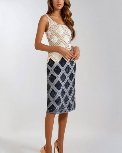 Navy Beige Sequin Diamond Pattern Midi Dress