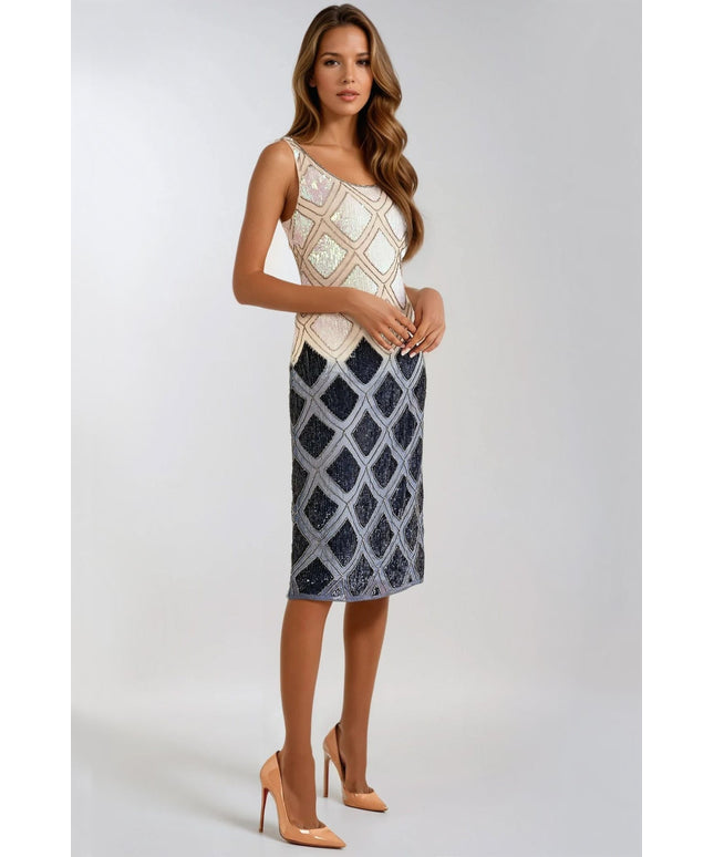 Navy Beige Sequin Diamond Pattern Midi Dress