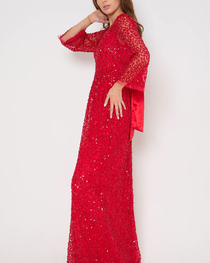 Red Sequin Angel Sleeve Open Back Maxi Dress