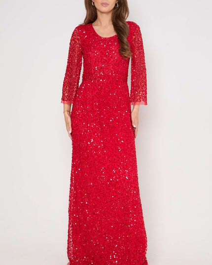 Red Sequin Angel Sleeve Open Back Maxi Dress
