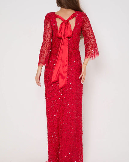 Red Sequin Angel Sleeve Open Back Maxi Dress