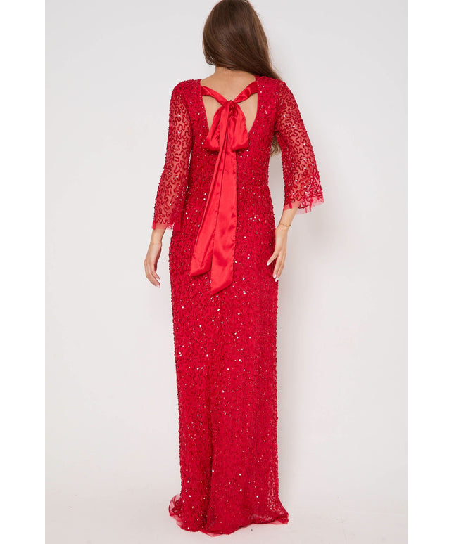 Red Sequin Angel Sleeve Open Back Maxi Dress