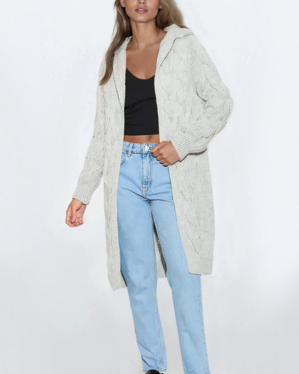 Silver Grey Hooded Cable Knitted Longline Cardigan